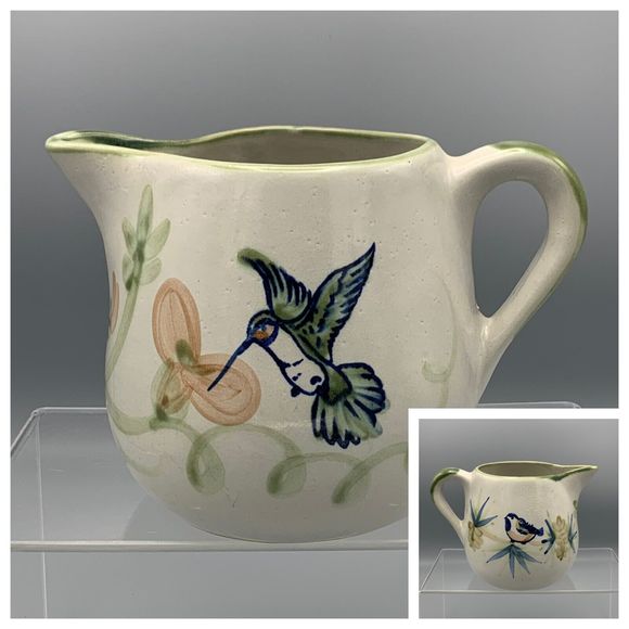 Vtg Louisville Stoneware Water Juice Glazed Pitcher Bird Hummingbird Chickadee - Picture 1 of 11